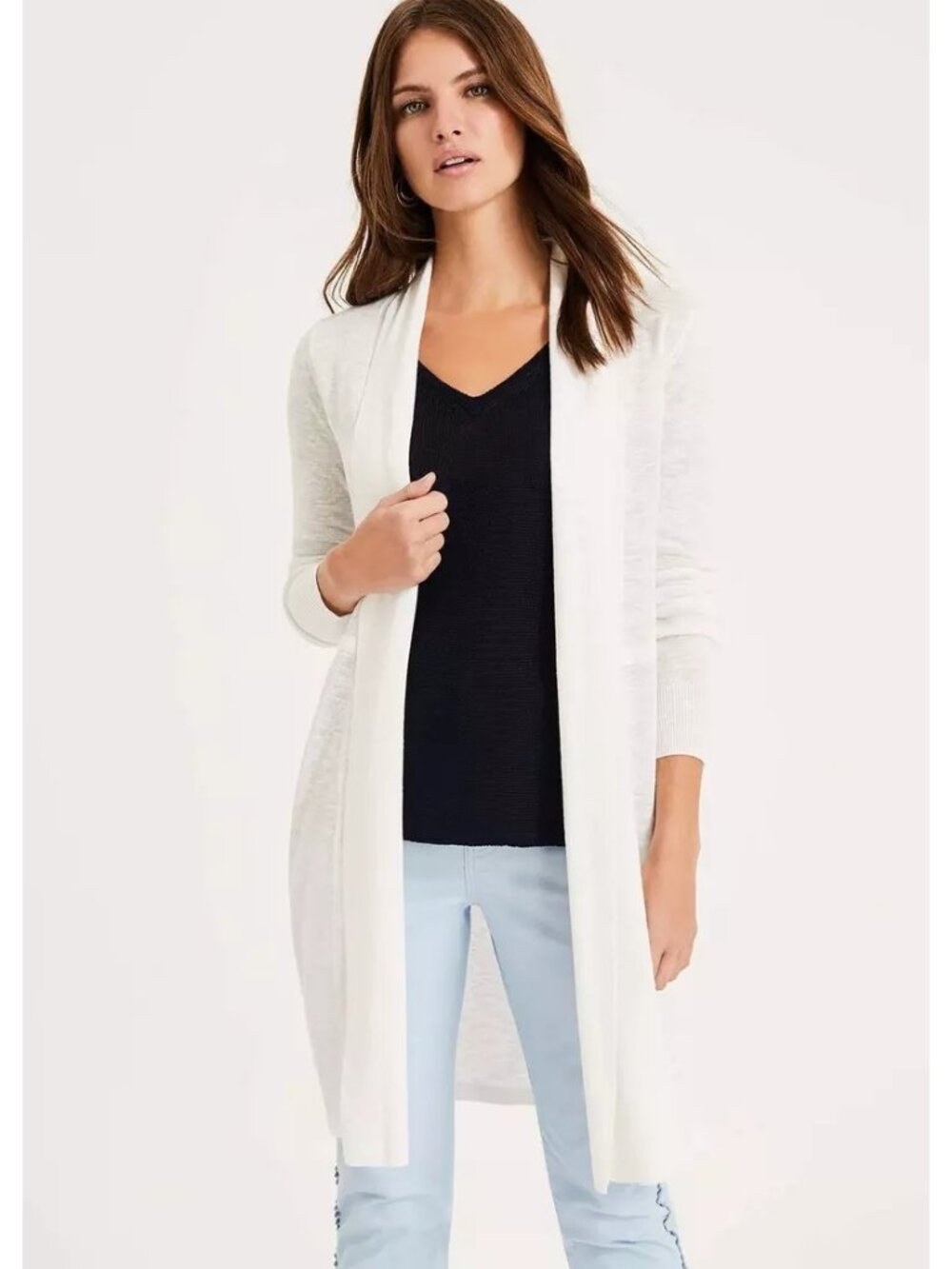 Banana Republic Sweater Cardigan Size Large White Long Open Front Linen Longline